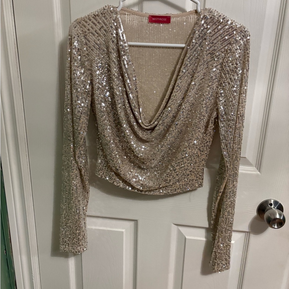 New York & Company Sparkling Sequin Drape Blouse - Gold